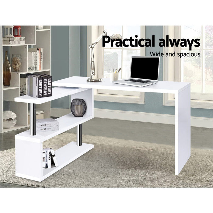 Rotary Corner Desk with Bookshelf - White