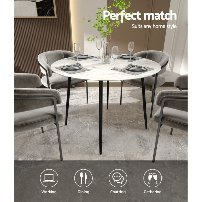 Dining Table Round Wooden Table With Marble Effect Metal Legs 110CM White