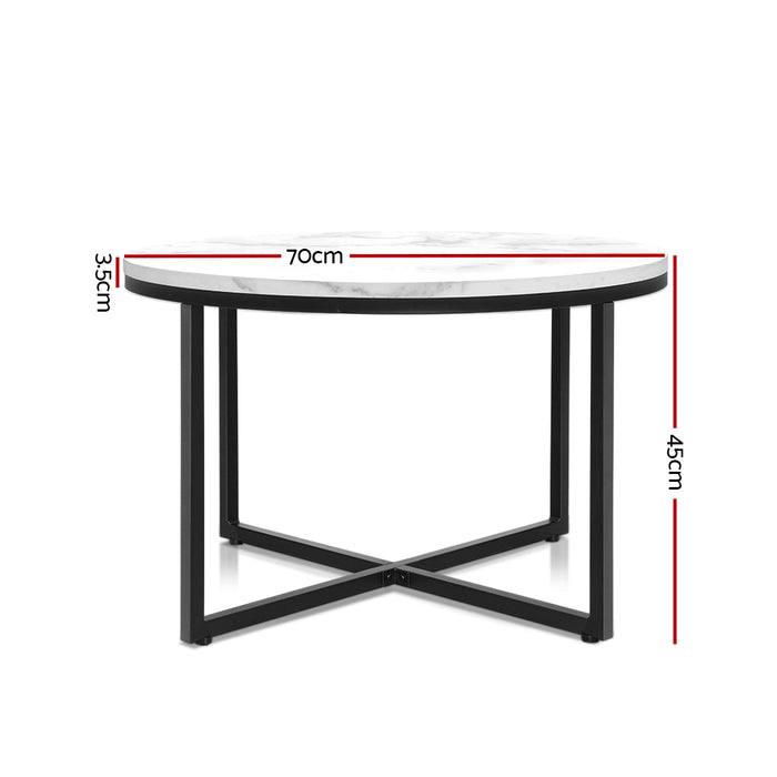 Coffee Table Marble Effect Side Tables Bedside Round Black Metal 70X70CM