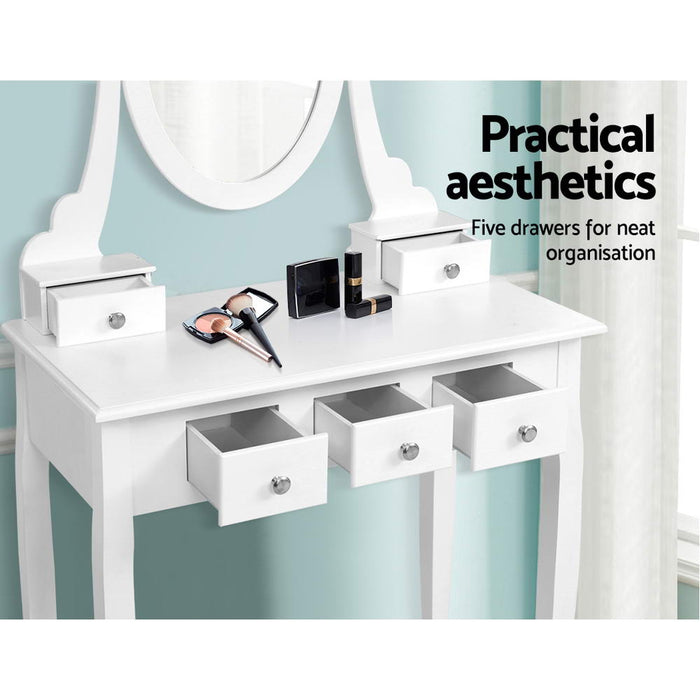 Dressing Table Stool Set Mirror Drawers Makeup Cabinet Storage Desk White