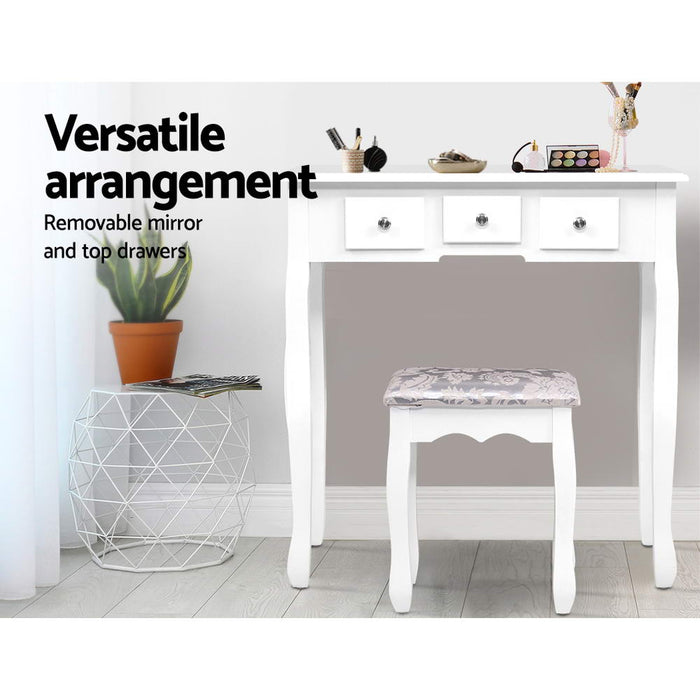 Dressing Table Stool Set Mirror Drawers Makeup Cabinet Storage Desk White