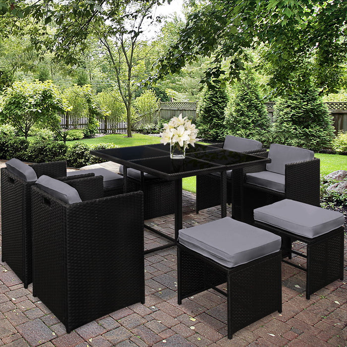 9 Piece Wicker Outdoor Dining Set - Black & Grey