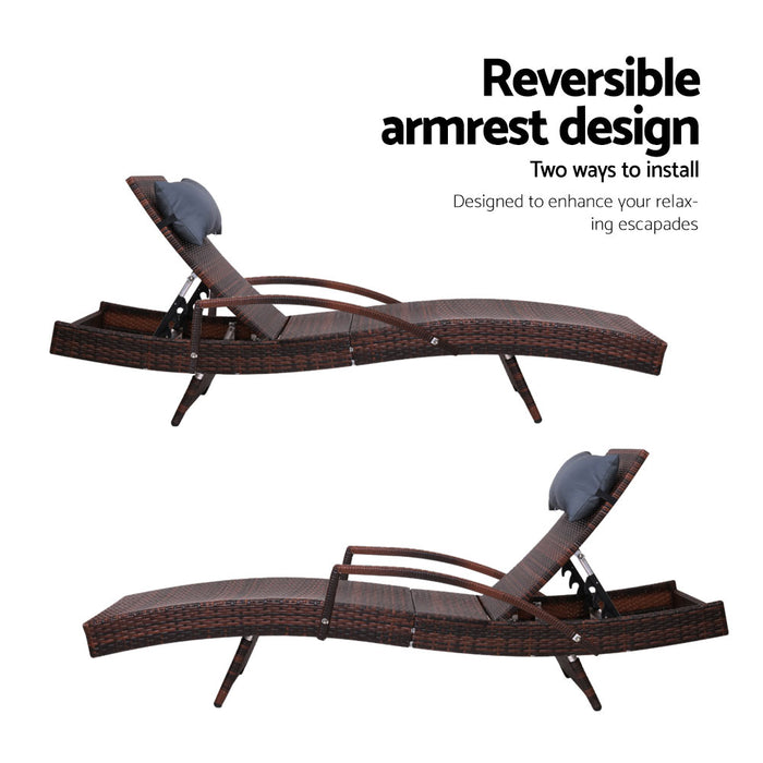 Set of 2 Sun Lounge Outdoor Furniture Wicker Lounger Rattan Day Bed Garden Patio Brown