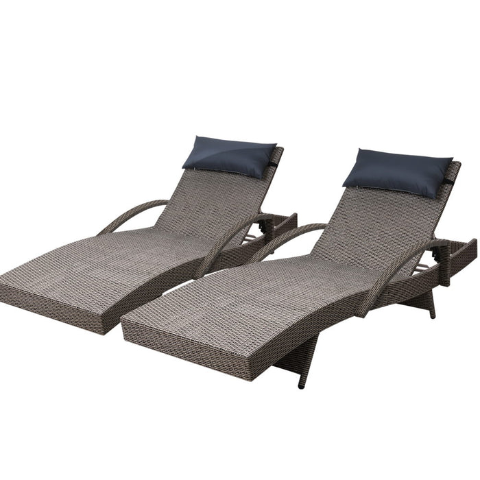 Set of 2 Sun Lounge Outdoor Furniture Wicker Lounger Rattan Day Bed Garden Patio Grey