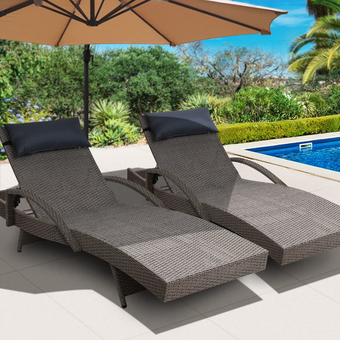 Set of 2 Sun Lounge Outdoor Furniture Wicker Lounger Rattan Day Bed Garden Patio Grey