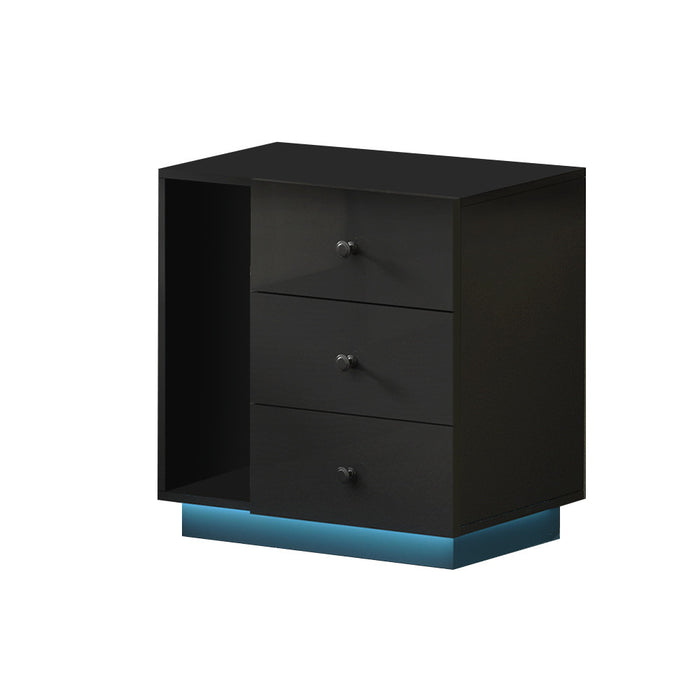 Bedside Tables Side Table RGB LED 3 Drawers Nightstand High Gloss Black