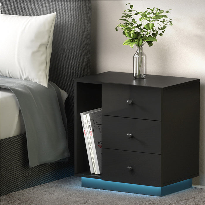 Bedside Tables Side Table RGB LED 3 Drawers Nightstand High Gloss Black