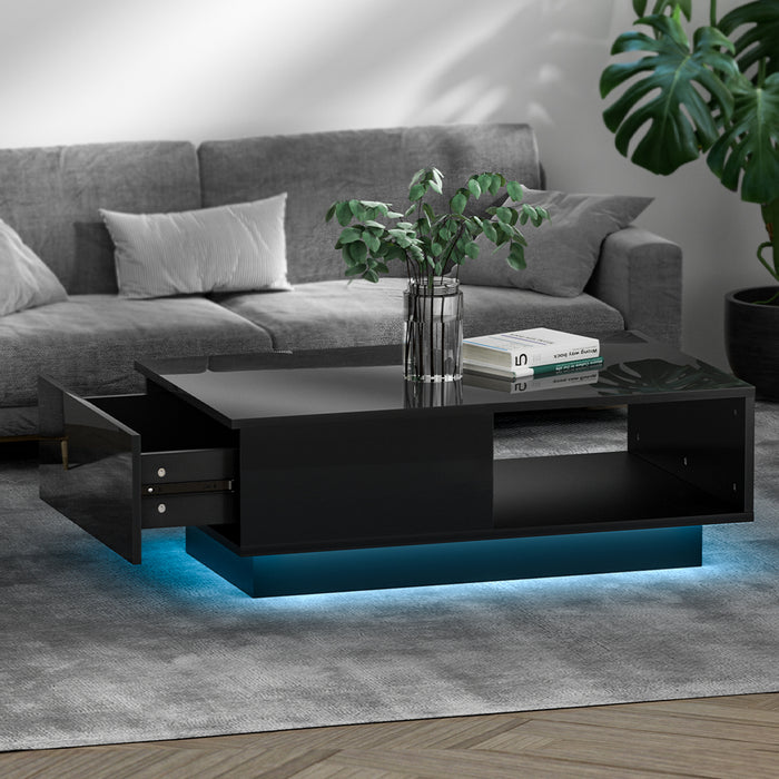 Coffee Table LED Lights High Gloss Storage Drawer Modern Furniture Black