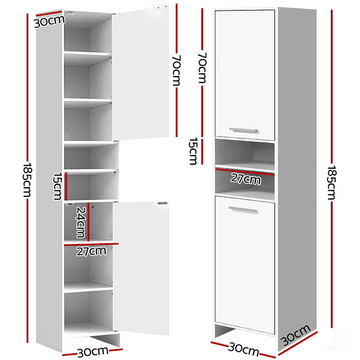 185cm Bathroom Tallboy Toilet Storage Cabinet Laundry Cupboard Adjustable Shelf White