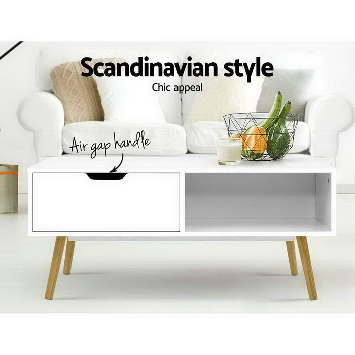 Coffee Table Storage Drawer Open Shelf Wooden Legs Scandinavian White