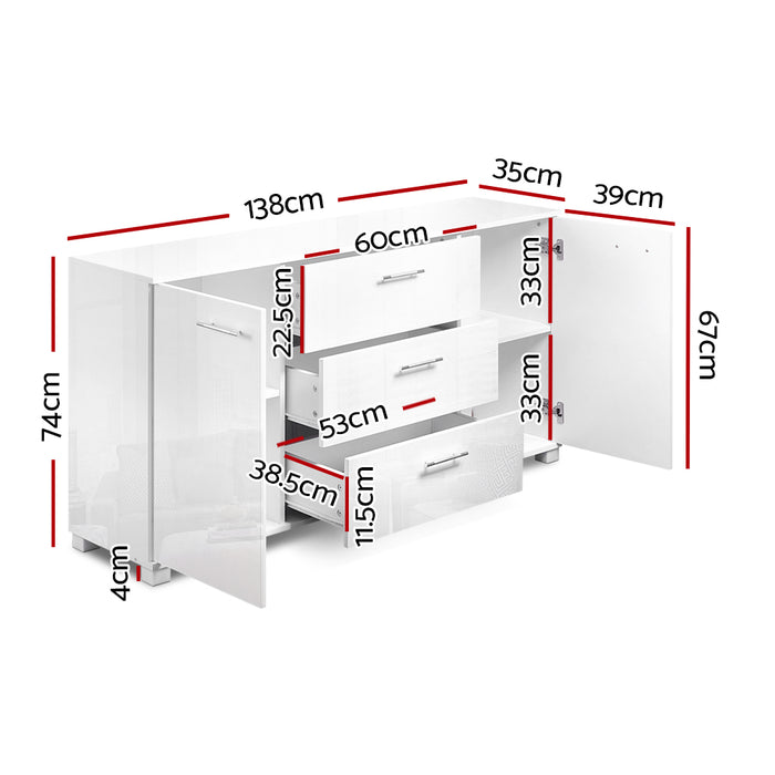 High Gloss Sideboard Storage Cabinet Cupboard - White