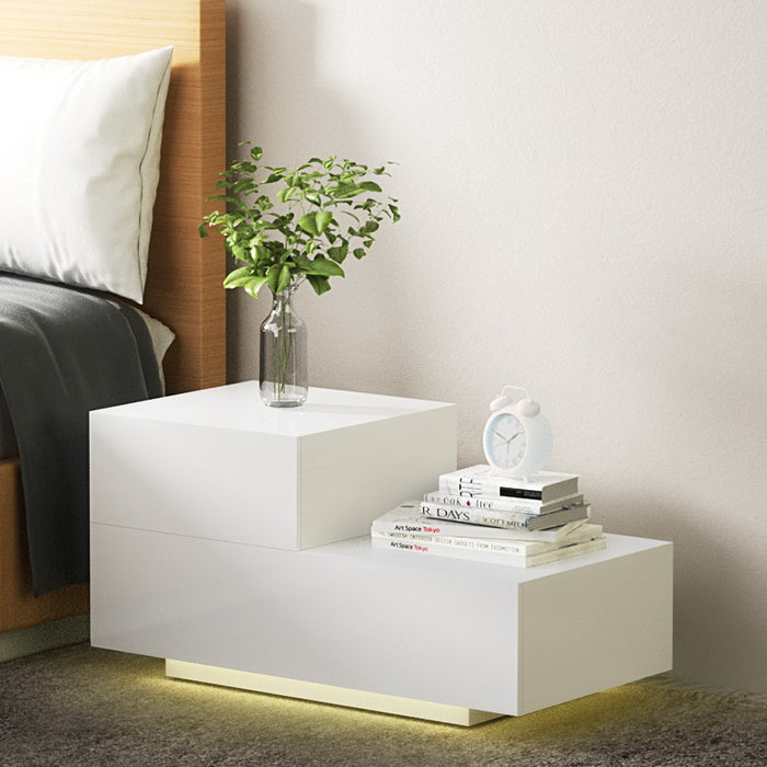 Bedside Tables 2 Drawers Side Table RGB LED High Gloss Nightstand White