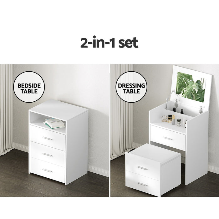 Dressing Table Bedside Tables 2-in-1 Set Hidden Makeup Mirror Storage Drawers