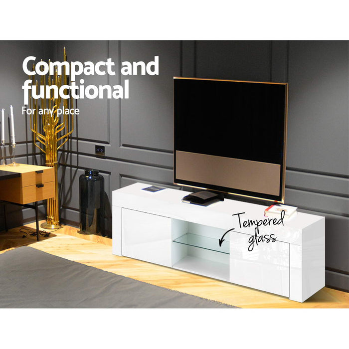 130cm High Gloss TV Stand Entertainment Unit Storage Cabinet Tempered Glass Shelf White