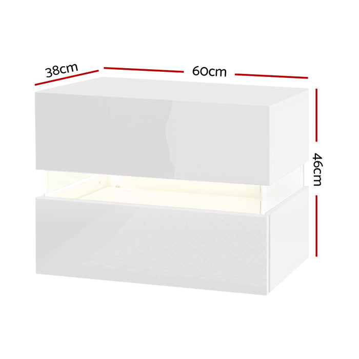 Bedside Table 2 Drawers RGB LED Side Nightstand High Gloss Cabinet White