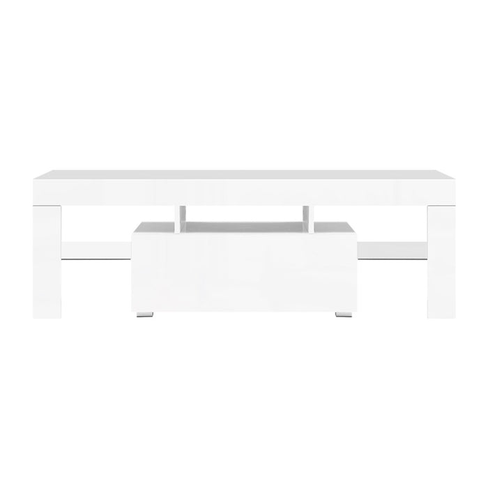 130cm RGB LED TV Stand Cabinet Entertainment Unit Gloss Furniture Drawer Tempered Glass Shelf White