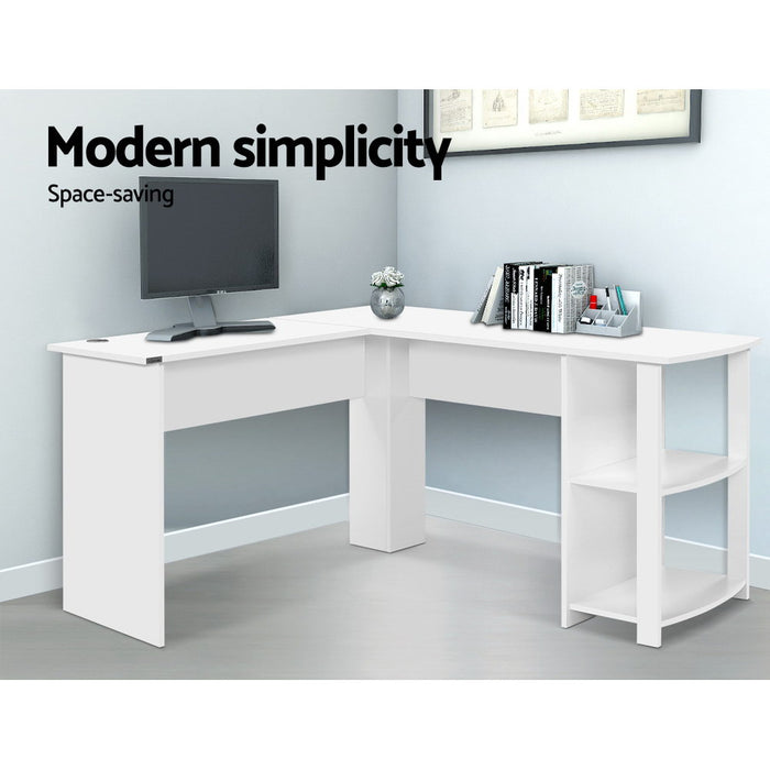 Office Computer Desk Corner Student Study Table Workstation L-Shape Shelf White