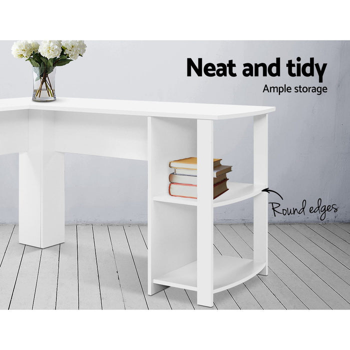 Office Computer Desk Corner Student Study Table Workstation L-Shape Shelf White