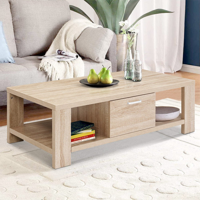 Coffee Table Wooden Shelf Storage Drawer Living Furniture Thick Tabletop