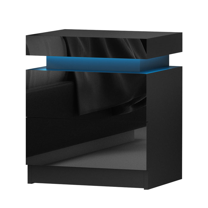 Bedside Tables Side Table Drawers RGB LED High Gloss Nightstand Black