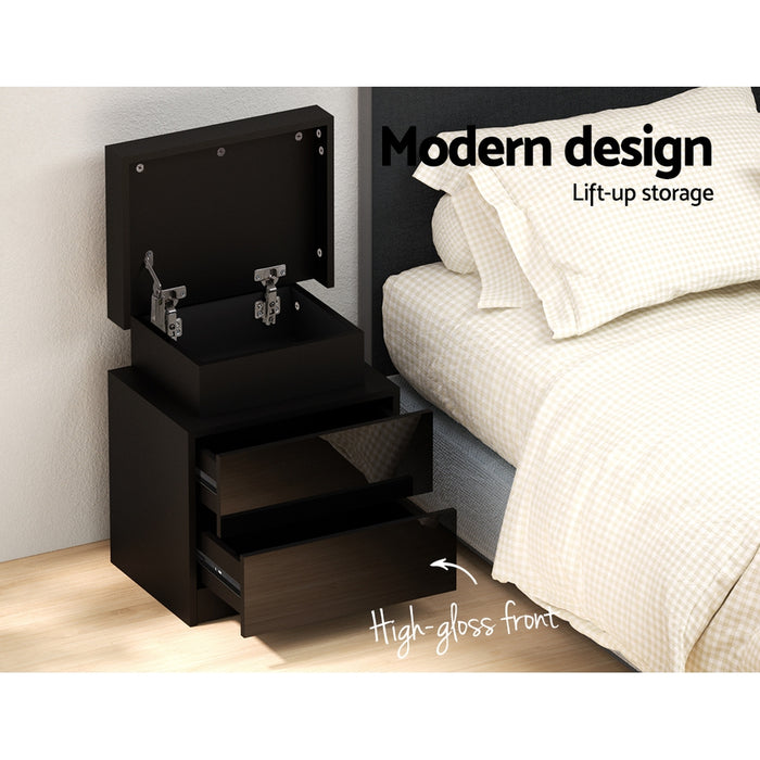 Bedside Tables Side Table Drawers RGB LED High Gloss Nightstand Black