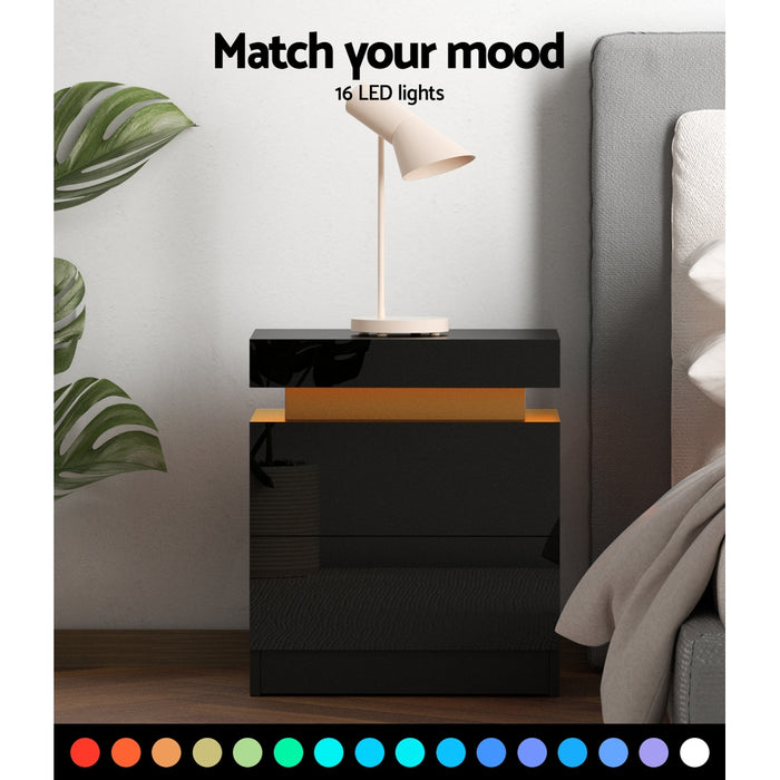 Bedside Tables Side Table Drawers RGB LED High Gloss Nightstand Black