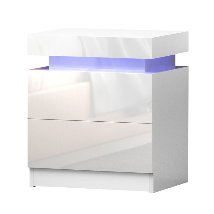 Bedside Tables Side Table Drawers RGB LED High Gloss Nightstand White