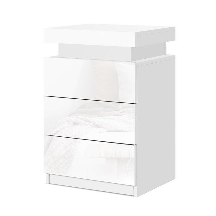 Bedside Tables Side Table 3 Drawers RGB LED High Gloss Nightstand White