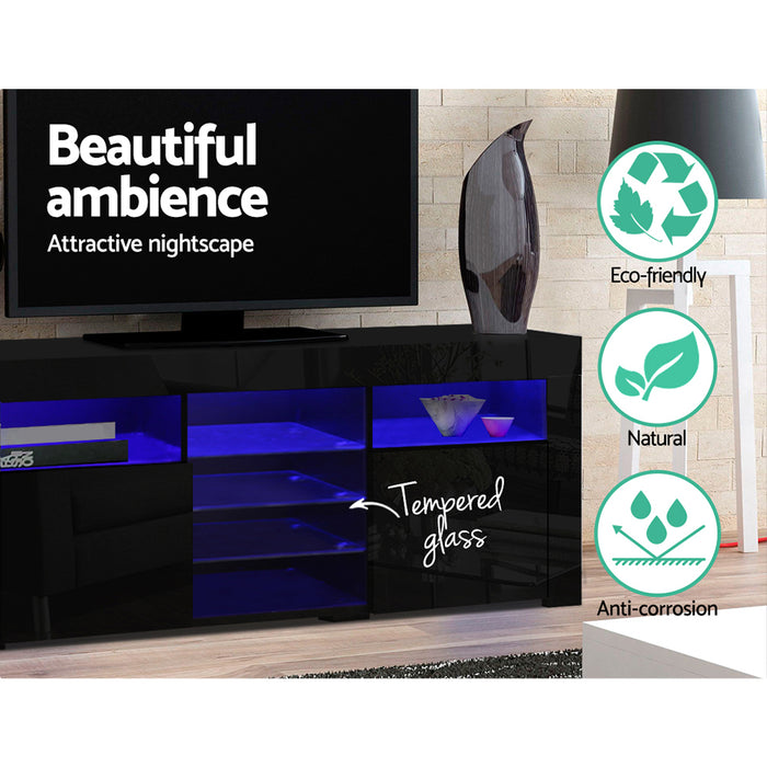 TV Cabinet Entertainment Unit Stand RGB LED Gloss 3 Doors 180cm Black