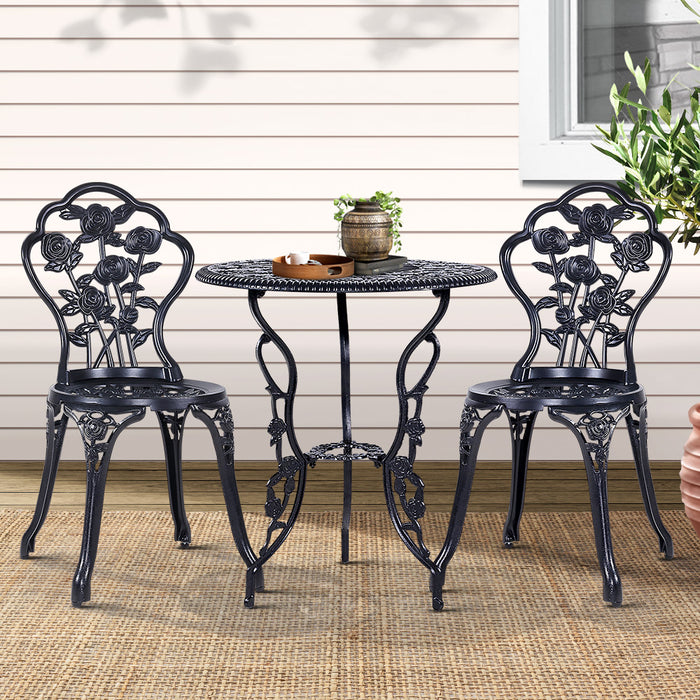 3PC Outdoor Setting Cast Aluminium Bistro Table Chair Patio Black