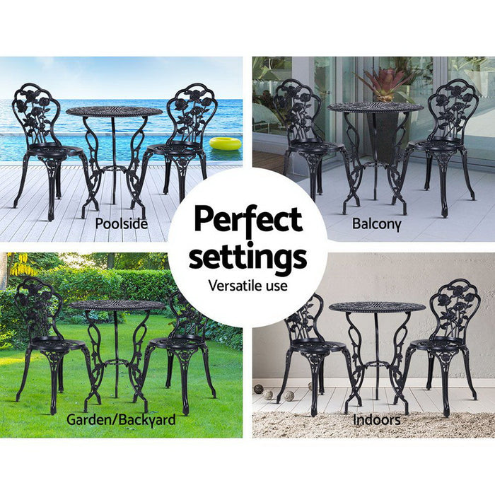 3PC Outdoor Setting Cast Aluminium Bistro Table Chair Patio Black