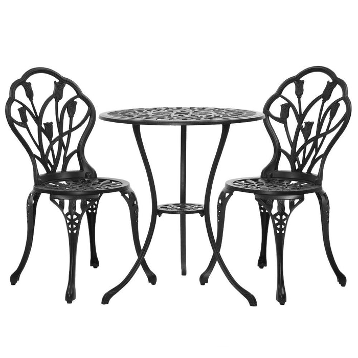 3PC Outdoor Setting Cast Aluminium Bistro Table Chair Patio Black