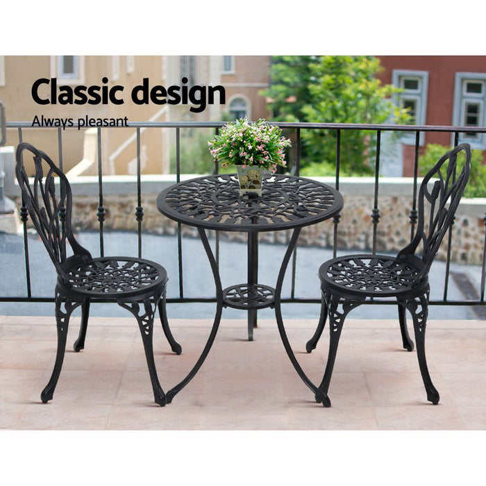 3PC Outdoor Setting Cast Aluminium Bistro Table Chair Patio Black