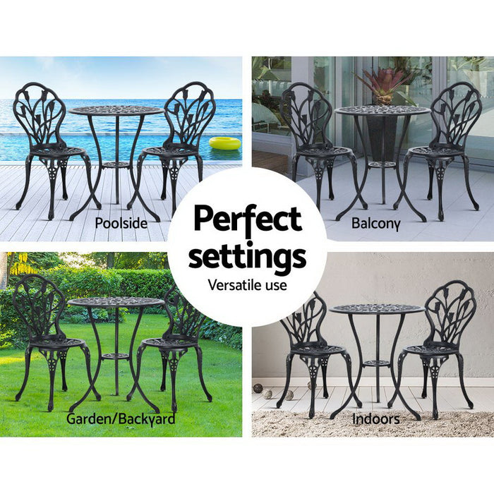 3PC Outdoor Setting Cast Aluminium Bistro Table Chair Patio Black