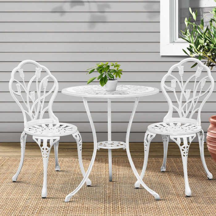 3PC Outdoor Setting Cast Aluminium Bistro Table Chair Patio White