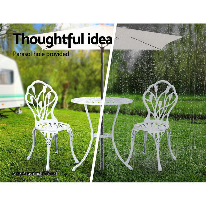 3PC Outdoor Setting Cast Aluminium Bistro Table Chair Patio White