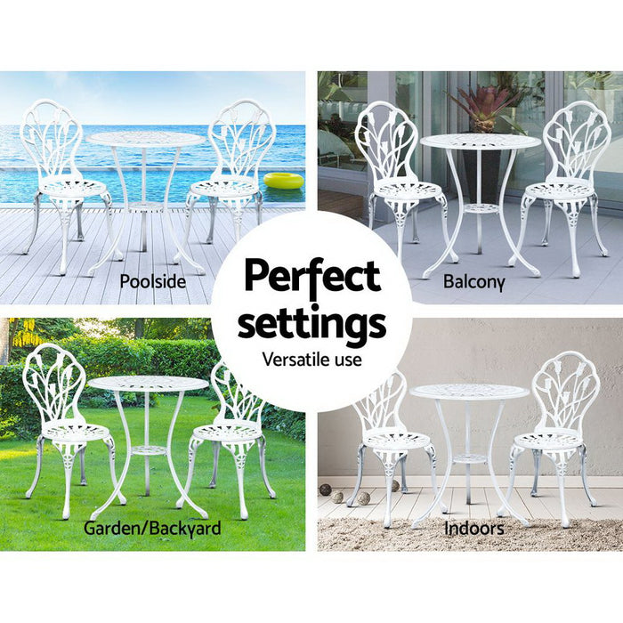 3PC Outdoor Setting Cast Aluminium Bistro Table Chair Patio White