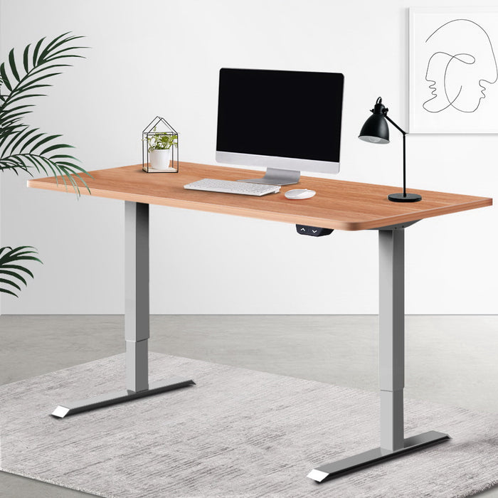 Standing Desk Adjustable Height Desk Electric Motorised Grey Frame Oak Desk Top 140cm