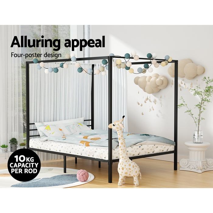 Bed Frame Metal Four-poster Platform Base Double Size Black POCHY