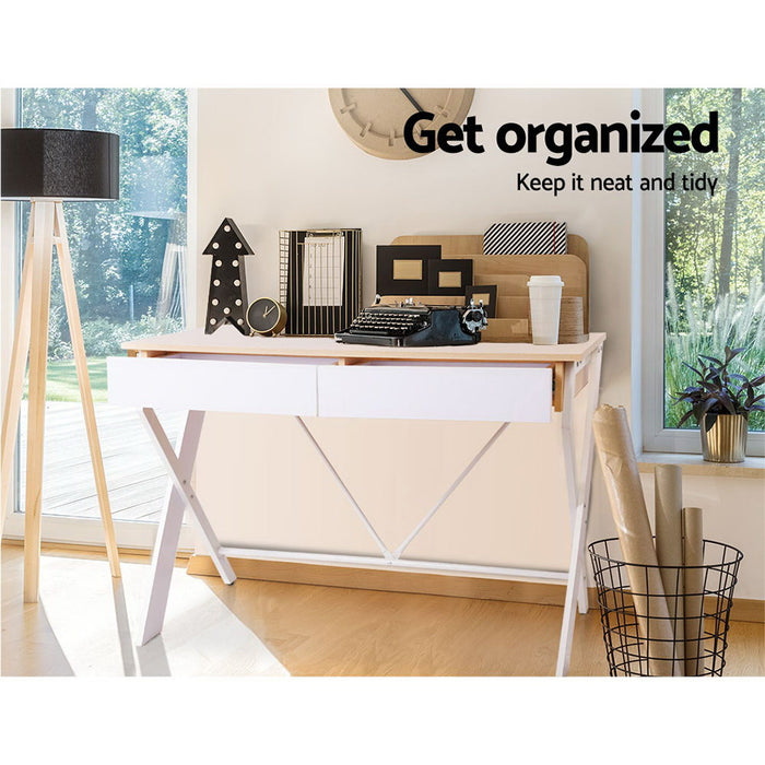 Metal Desk with Drawer - White with Oak Top