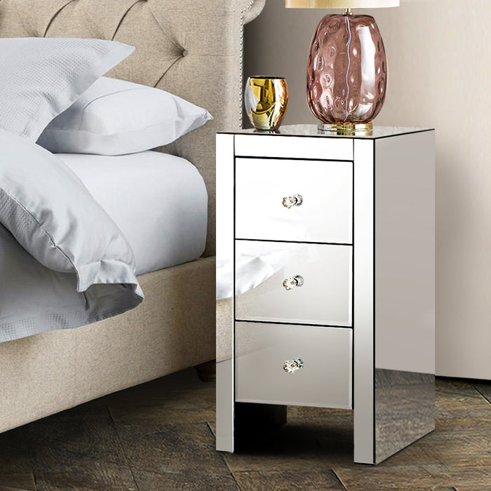 Mirrored Bedside table Drawers Furniture Mirror Glass Quenn Silver