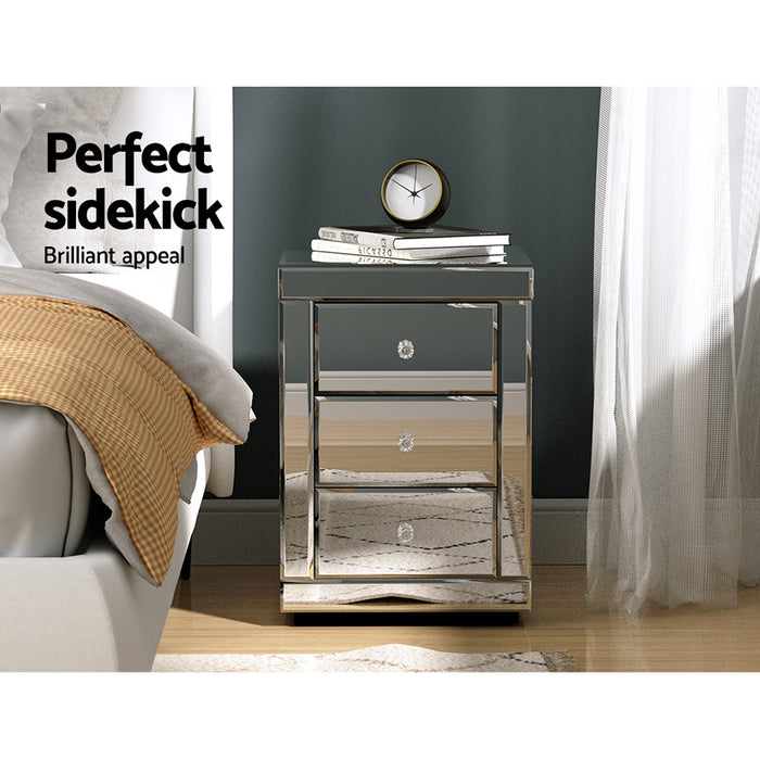 Mirrored Bedside Table Drawers Furniture Mirror Glass Presia Silver