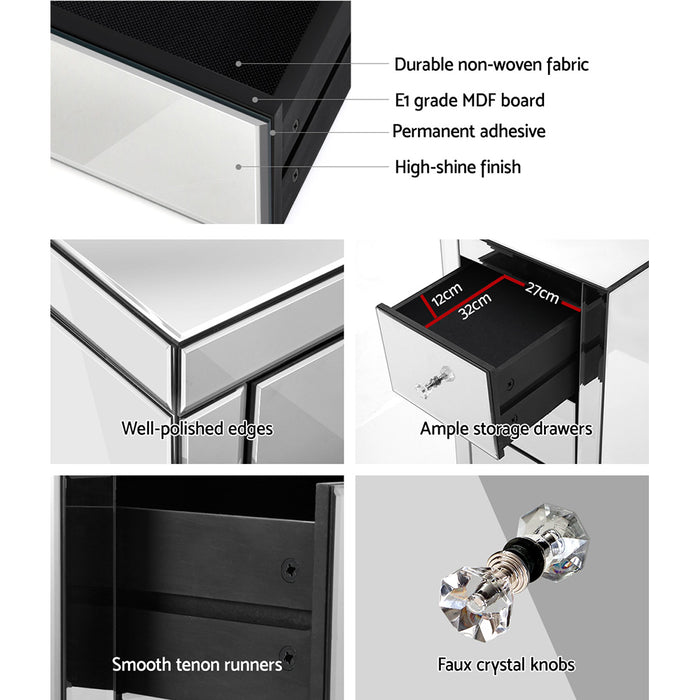 Mirrored Bedside Table Drawers Furniture Mirror Glass Presia Silver