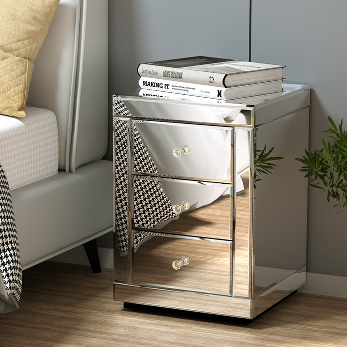 Mirrored Bedside Table Drawers Furniture Mirror Glass Presia Silver