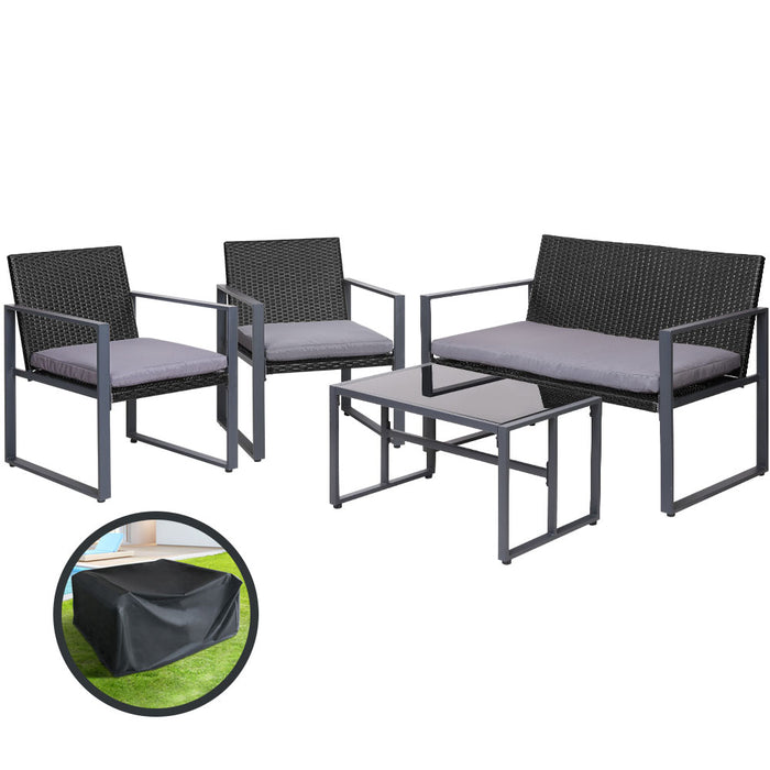 4 PCS Outdoor Dining Set Lounge Setting Patio Wicker Chairs Table w/Cover