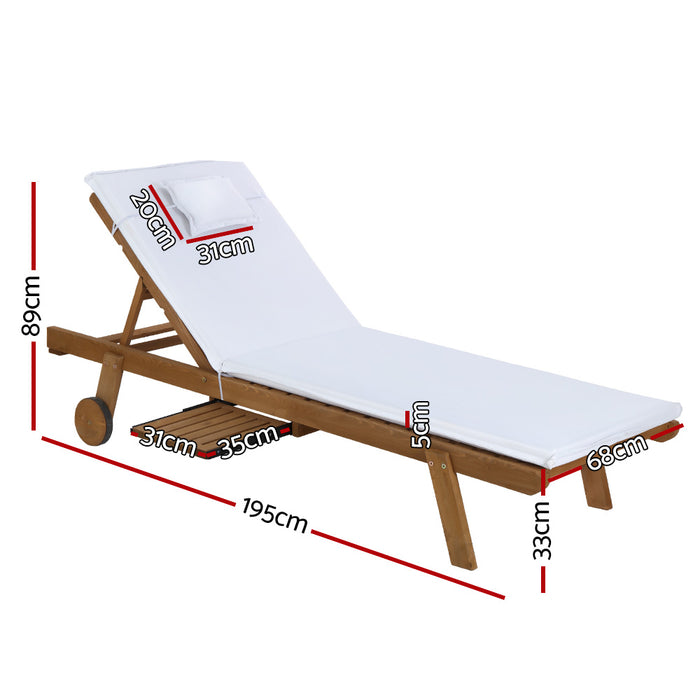 Sun Lounge Wooden Lounger Outdoor Furniture Day Bed Wheel Patio White