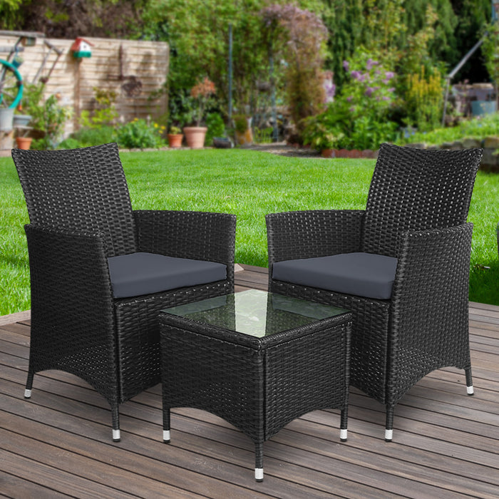 3 Piece Wicker Outdoor Furniture Set - Black