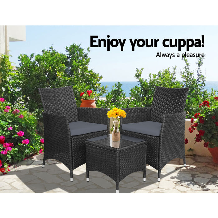 3 Piece Wicker Outdoor Furniture Set - Black