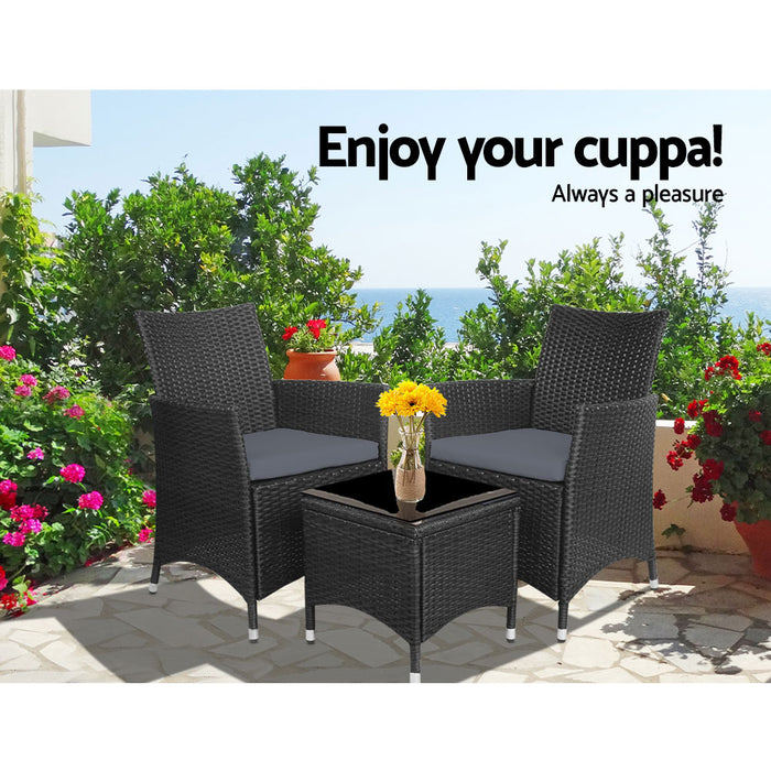 3pc Bistro Wicker Outdoor Furniture Set Black