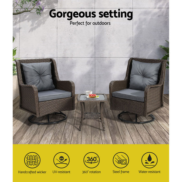 Outdoor Chairs Patio Furniture Lounge Setting 3 Pcs Wicker Swivel Chair Table Bistro Set